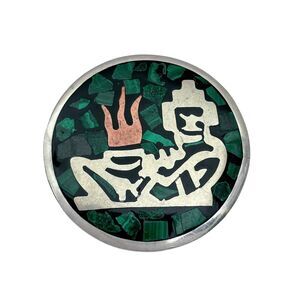 Mexican Mayan Incan Sterling Silver 925 Malachite Inlay Chacmool Brooch Pendant